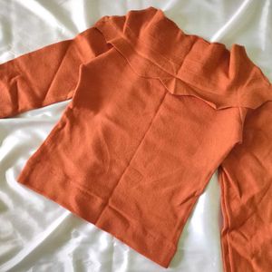 Winter Korean Orange Top With Frill Neck Design 🧡