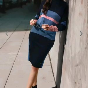 Navy Blue Sweater and Skirt with Side Stripe