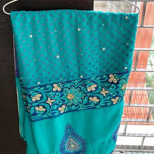 Teal Green Embroidered Georgette Sari