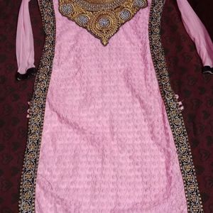 Pink Net Embroidery Kurti