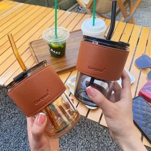 Reusable Sipper Coffee Mug with Leather Sleeve wit