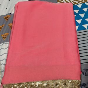 Rose Pink Saree With Golden Blouse Bead Work