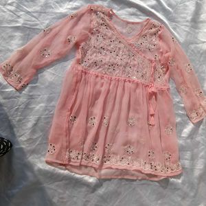 Beutiful Peach Chikankari Mirror Work Kurti/ Tunic