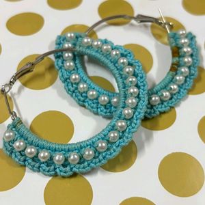 Handmade Blue Crochet Hoop Earrings