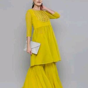 Yellow Attractive Embroidery Kurta With Sharara