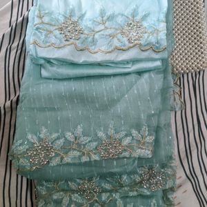 Stone Embellished Saree - Blue