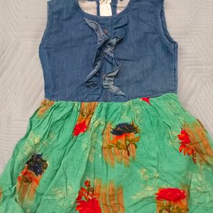 Denim and Floral Printed Frock