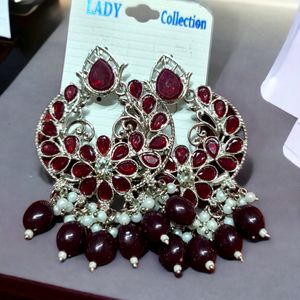 Maroon And Silver Traditional Earrings