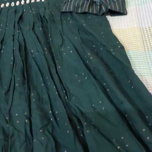 Dark Green Cotton Anarkali With Beautiful Work