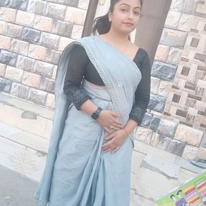 Grey Cotton Saree With Black Blouse