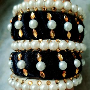 Black Velvet White Pearl Trending Bangles Set Of 5