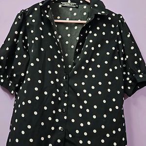 Black And White Polka Dot Print Casual Shirt