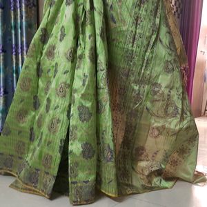 Women Saree Green Polycotton With Stitched Blouse