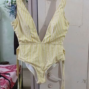 Yellow Stripe Deep Neck Monokini