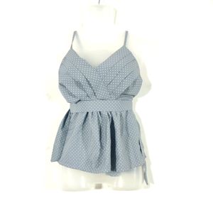 Grey Polka Dot Pleated V Neck Strap Tops(Women's)