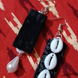 Fabric Earrings In Black with cowri Shells