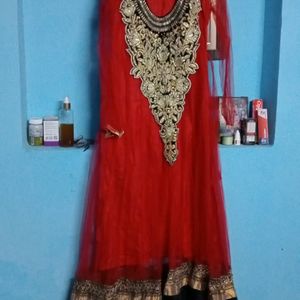 Red Gown With Black Embroidery