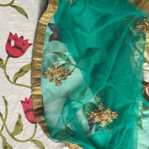 Golden Lehenga (3layered) Green Blouse & Dupatta