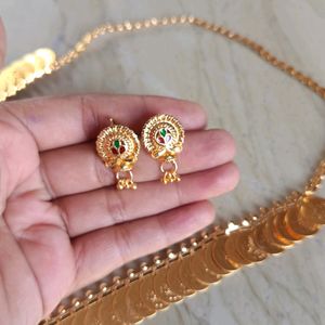 Laxmi Coins Long Necklace With Meena Work Earrings