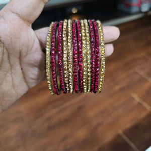 Maroon And Gold Glass Bangles Set