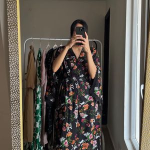 Floral Print Maxi Dress with Flared Sleeves & Lace