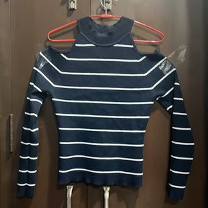 navy blue striped shoulder cut sweater