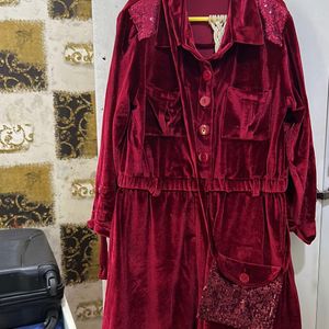 Maroon Velvet Party Wear New Dress With Bag