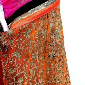 Rose Pink & Orange Lehenga Style Saree (Women)