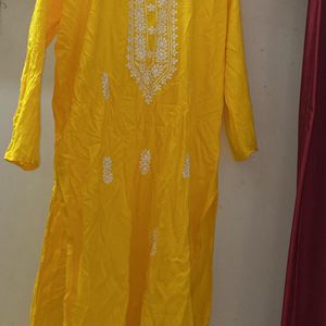 BeautifulWhite Embroidery Yellow Knee Length Kurti