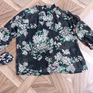 Black Top Flower Printed With Matching Scrunchie