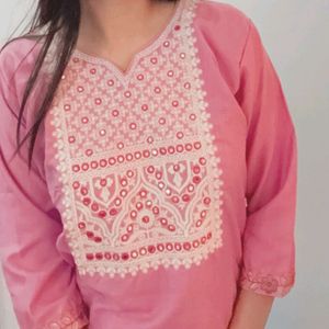 Pink Kurti With White Embroidery