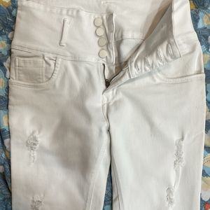 White Skinny Rugged High Waist Jeans