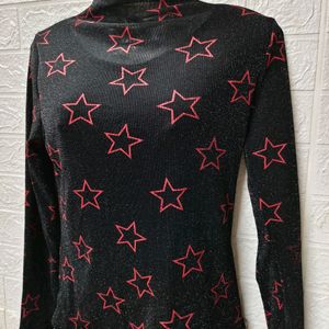 Polo Neck Shimmery Top With Red Stars