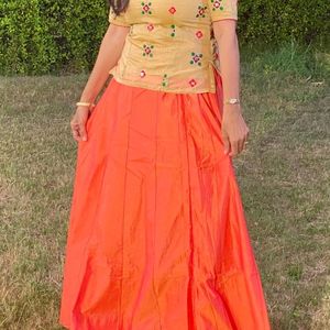 Orange Plain Silk Lehenga