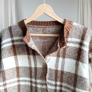 Brown Plaid Button Cardi