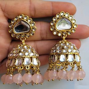 Peach Kundan Jhumka Set