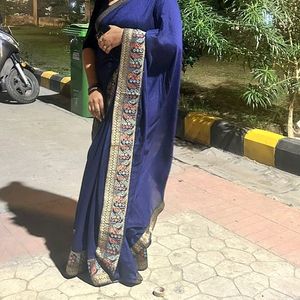 Pretty Navy Blue Plain Saree With Border