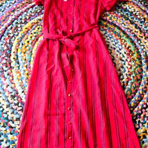 Red Stripe Long Short Dress Along With Fabric Belt