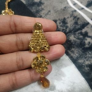 Golden Earrings With Cute Maang Teeka