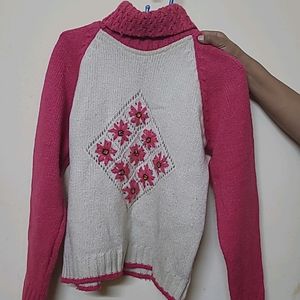 Pink And White Embellished Girls Highneck Sweater