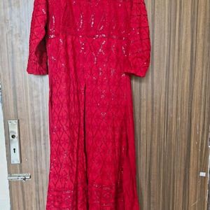 Red Chickenkari Work Kurta Set