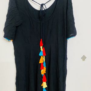 Black Flair Kurtha With Multi Clr Pom Po