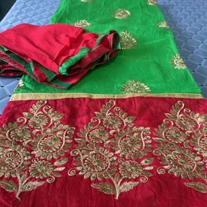 Chanderi Green & Red  Dress Material