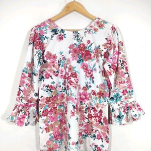 White Floral Print Bell Puff Sleeves Top (Women's)