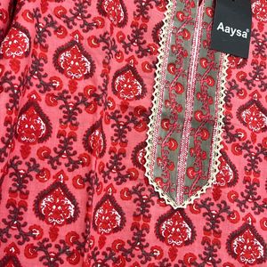 Red Floral Cotton Kurta For Women