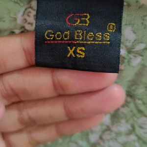 God Bless XS Cotton blend Green Printed Tunic