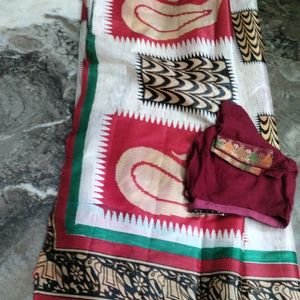 Red Black Printed Saree With Blouse.