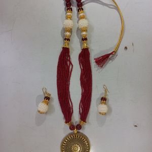 Red And White Beads Set With Earrings