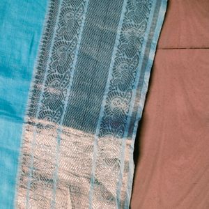 Cyan Colour Cotton Silk Saree