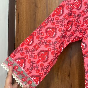 Red Floral Cotton Kurta For Women